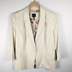 Jules & Leopold Linen Blend Blazer Women M Cream 3/4 Sleeve Floral Lined Jacket